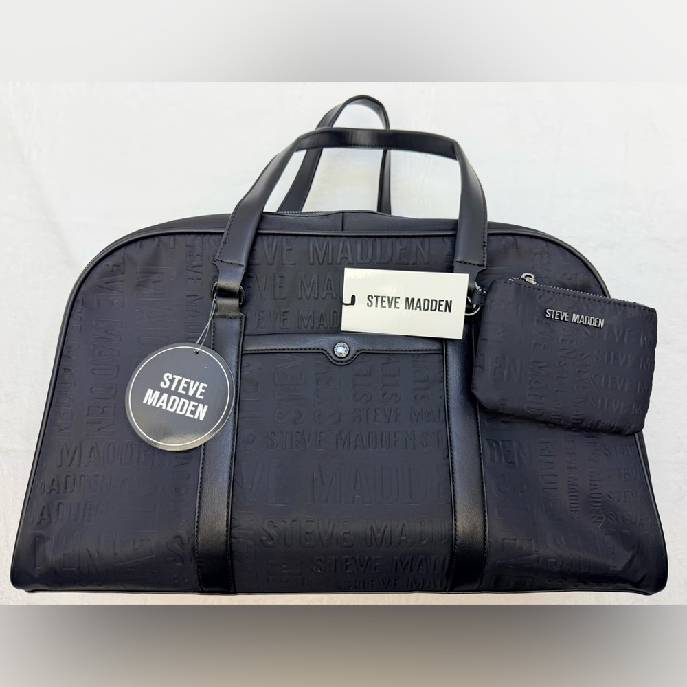 Steve Madden Embossed Bcorbin Black Duffel/Overnight/Weekender Bag with Pouch
